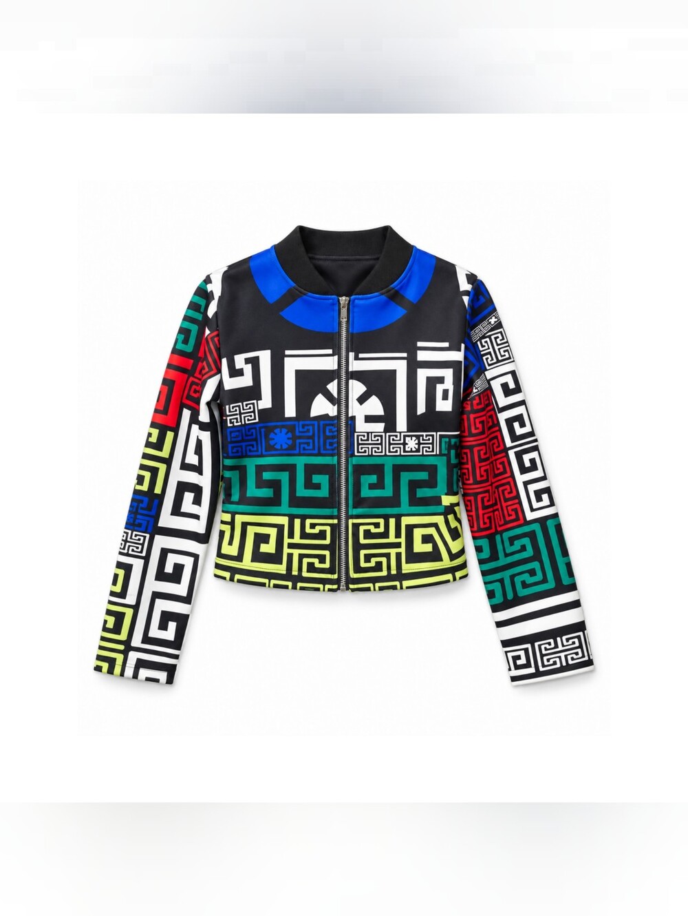 Multicolor Greek Key Geometric Print Cropped Zip-Front Jacket - Picture 6 of 8